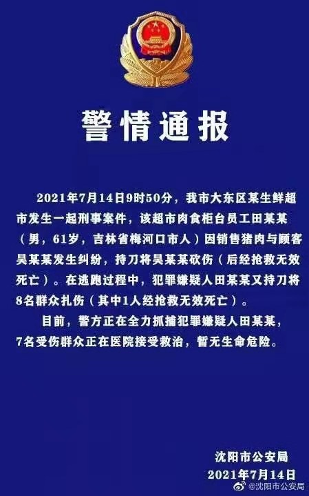 沈阳市持刀伤人案件警情通报：已致2死7伤(图1)