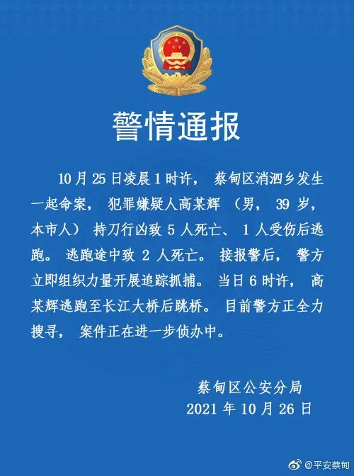 武汉一男子行凶杀害5人，逃跑途中再致2死，警方通报(图1)